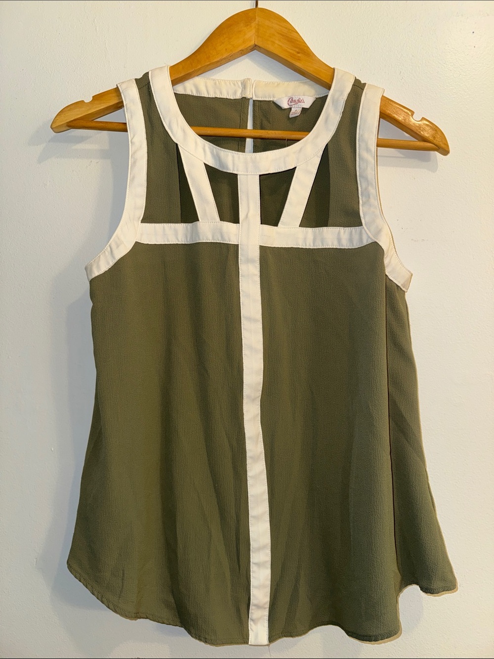 Candie's Olive Green Sleeveless A-Line Top with White Trim